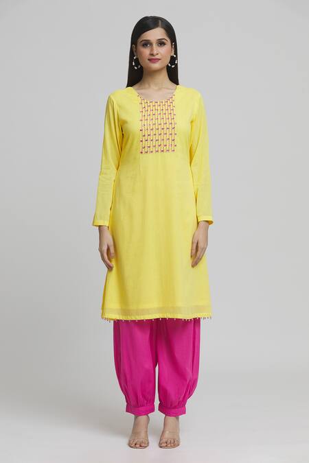 Khwaab By Sanjana Lakhani Yellow Cotton Mirrors, Embroidery Round Placed Mirrorwork Kurta With Salwar Pant Online at Aza Fashions Khwaab By Sanjana Lakhani_Yellow Cotton Mirrors, Embroidery Round Placed Mirrorwork Kurta With Salwar Pant_Online_at_Aza_Fashions