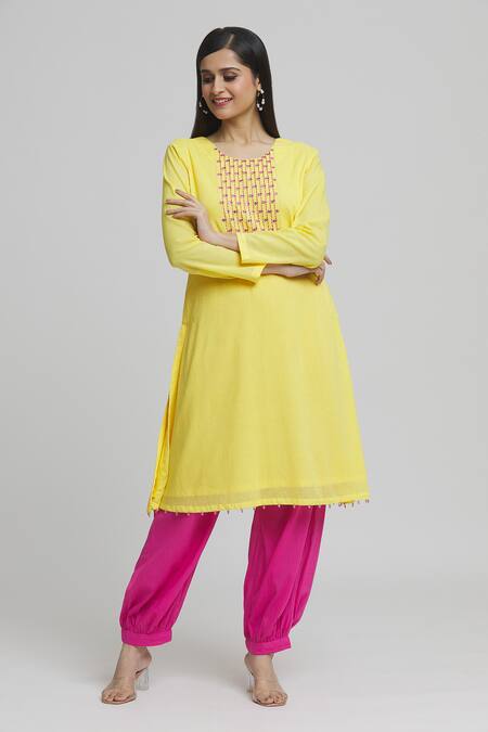 Buy Khwaab By Sanjana Lakhani Yellow Cotton Mirrors, Embroidery Round Placed Mirrorwork Kurta With Salwar Pant Online at Aza Fashions Buy_Khwaab By Sanjana Lakhani_Yellow Cotton Mirrors, Embroidery Round Placed Mirrorwork Kurta With Salwar Pant_Online_at_Aza_Fashions
