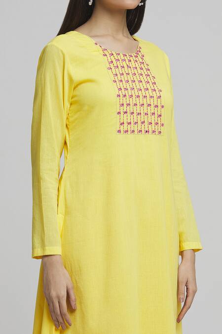 Shop Khwaab By Sanjana Lakhani Yellow Cotton Mirrors, Embroidery Round Placed Mirrorwork Kurta With Salwar Pant Online at Aza Fashions Shop_Khwaab By Sanjana Lakhani_Yellow Cotton Mirrors, Embroidery Round Placed Mirrorwork Kurta With Salwar Pant_Online_at_Aza_Fashions