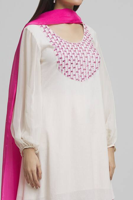 Buy_Samyukta Singhania_Off White Cotton, Organza Embroidery, Mirrors Placement Kurta Tulip Pant Set _Online_at_Aza_Fashions