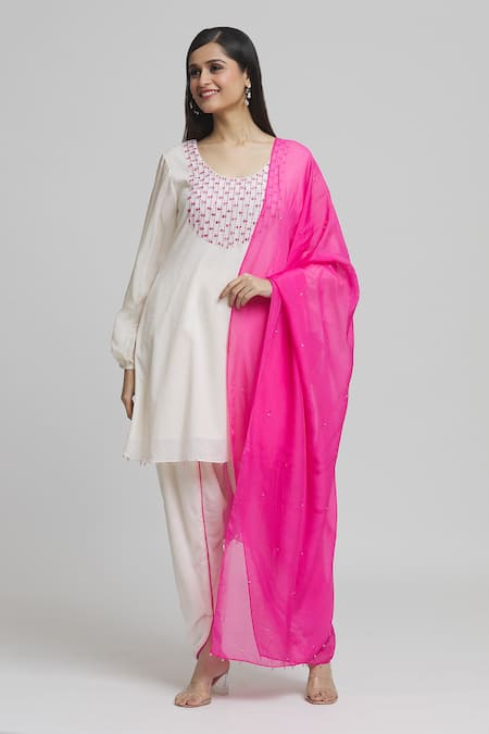 Shop_Samyukta Singhania_Off White Cotton, Organza Embroidery, Mirrors Placement Kurta Tulip Pant Set _Online_at_Aza_Fashions