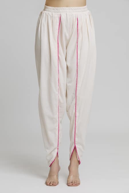 Samyukta Singhania_Off White Cotton, Organza Embroidery, Mirrors Placement Kurta Tulip Pant Set _at_Aza_Fashions