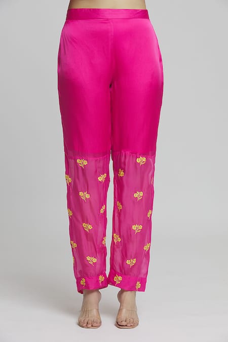 Samyukta Singhania_Pink Satin, Georgette, Organza Embroidery Round Floral Placement Kurta Pant Set _at_Aza_Fashions