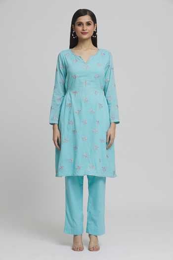 Khwaab By Sanjana Lakhani_Blue Cotton, Organza Embroidery Split V-neck Floral Kurta Pant Set _Online_at_Aza_Fashions