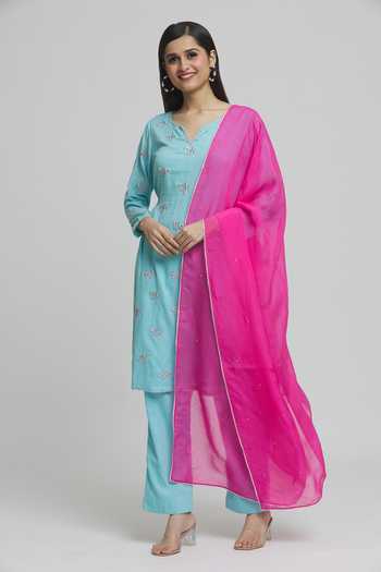 Buy_Khwaab By Sanjana Lakhani_Blue Cotton, Organza Embroidery Split V-neck Floral Kurta Pant Set _Online_at_Aza_Fashions