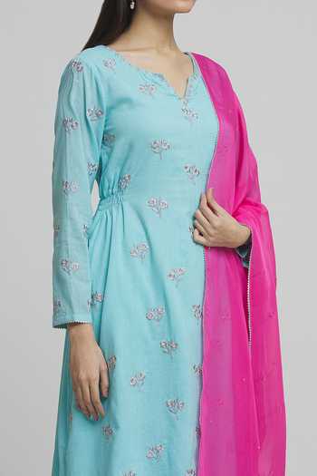 Shop_Khwaab By Sanjana Lakhani_Blue Cotton, Organza Embroidery Split V-neck Floral Kurta Pant Set _Online_at_Aza_Fashions