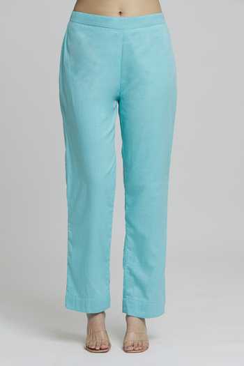 Khwaab By Sanjana Lakhani_Blue Cotton, Organza Embroidery Split V-neck Floral Kurta Pant Set _at_Aza_Fashions