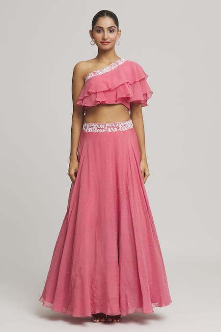 Samyukta Singhania_Coral Organza Sequins, Embroidery, Crystals Embellished Lehenga With Blouse _Online_at_Aza_Fashions