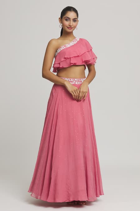 Shop_Samyukta Singhania_Coral Organza Sequins, Embroidery, Crystals Embellished Lehenga With Blouse _Online_at_Aza_Fashions