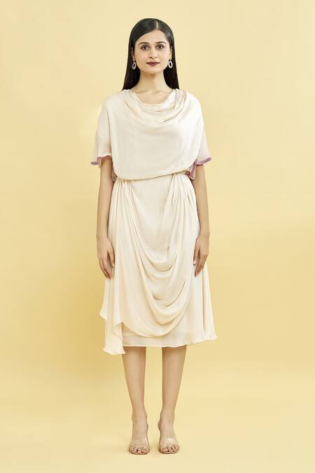 Naintara Bajaj_Off White Satin Crystals Cowl Neck Draped Plain Kaftan With Belt _Online_at_Aza_Fashions