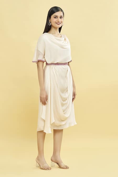 Buy_Naintara Bajaj_Off White Satin Crystals Cowl Neck Draped Plain Kaftan With Belt _Online_at_Aza_Fashions
