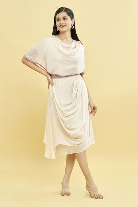 Shop_Naintara Bajaj_Off White Satin Crystals Cowl Neck Draped Plain Kaftan With Belt _Online_at_Aza_Fashions