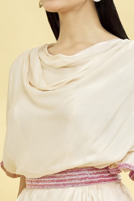 Naintara Bajaj_Off White Satin Crystals Cowl Neck Draped Plain Kaftan With Belt _at_Aza_Fashions