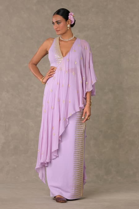 Masaba Purple Scuba Embroidered Dori And Sequin Work Plunged V Neck Trikone Saree Gown