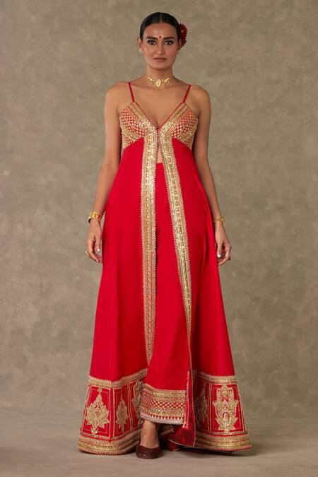 Masaba Red Cotton Silk Embroidery Haath Phool Pattern Front Slit Anarkali Palazzo Set