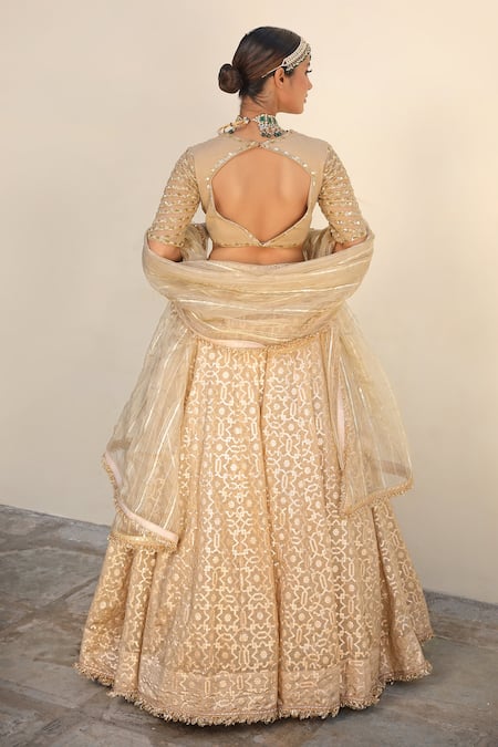 Neha Khullar_Beige Organza, Net, Chanderi Silk Woven Geometric Pattern Bridal Lehenga Set _Online_at_Aza_Fashions