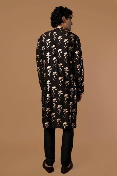 Shop_Masaba_Black Raw Silk Periwinkle Foil Print Kurta_at_Aza_Fashions