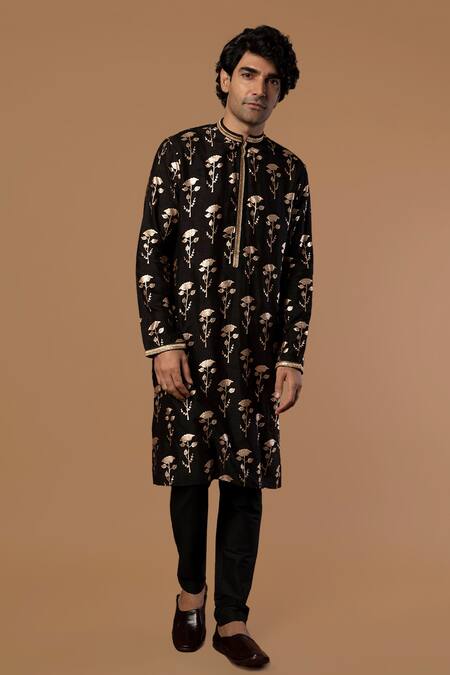 Shop_Masaba_Black Raw Silk Periwinkle Foil Print Kurta