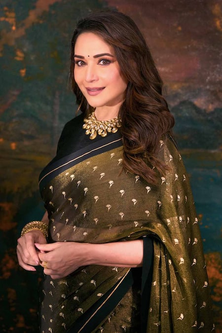 Shop_Masaba_Black Tissue, Silk Winegarden Foil Print Saree With Unstitched Blouse Piece 