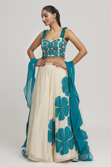 Shop_Samyukta Singhania_Off White Organza Applique, Crystals Square Neck Floral Embellished Lehenga Set _Online_at_Aza_Fashions