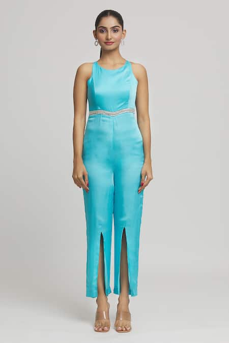 Samyukta Singhania_Blue Satin, Georgette, Organza Crystals, Placed Embellished Jumpsuit With Cape _Online_at_Aza_Fashions