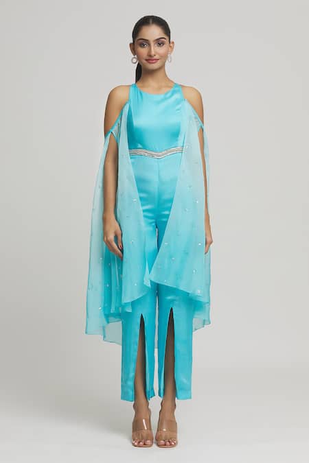 Shop_Samyukta Singhania_Blue Satin, Georgette, Organza Crystals, Placed Embellished Jumpsuit With Cape _Online_at_Aza_Fashions