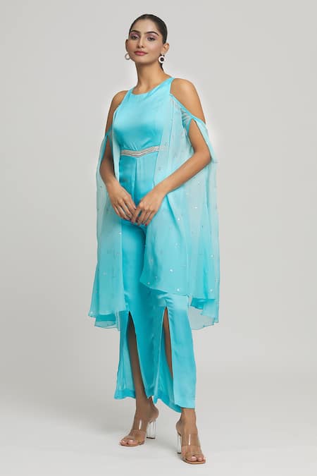 Samyukta Singhania_Blue Satin, Georgette, Organza Crystals, Placed Embellished Jumpsuit With Cape _at_Aza_Fashions