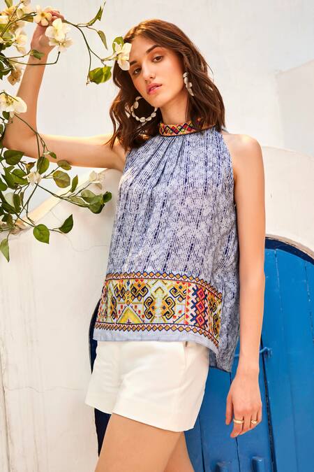Bhanuni By Jyoti_Blue Viscose Embroidery, Beads Halter Neck Linne Top _Online_at_Aza_Fashions