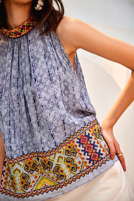 Shop_Bhanuni By Jyoti_Blue Viscose Embroidery, Beads Halter Neck Linne Top _Online_at_Aza_Fashions