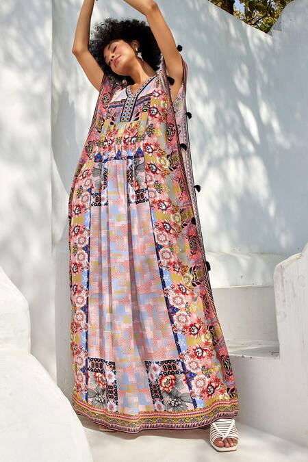 Buy_Bhanuni By Jyoti_Blue Viscose Tassels, Embroidery V-neck Amara Floral Print Kaftan _Online_at_Aza_Fashions