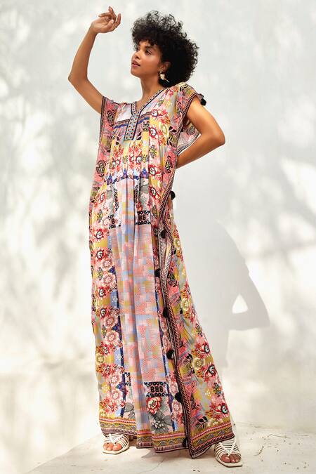 Bhanuni By Jyoti_Blue Viscose Tassels, Embroidery V-neck Amara Floral Print Kaftan _at_Aza_Fashions