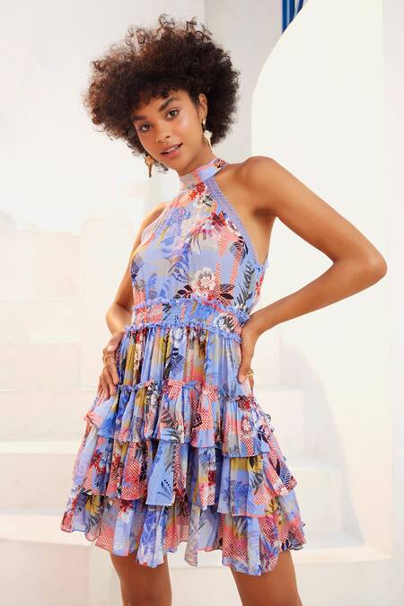 Shop_Bhanuni By Jyoti_Blue Viscose Lace Halter Neck Iyan Printed Mini Frill Dress _Online_at_Aza_Fashions