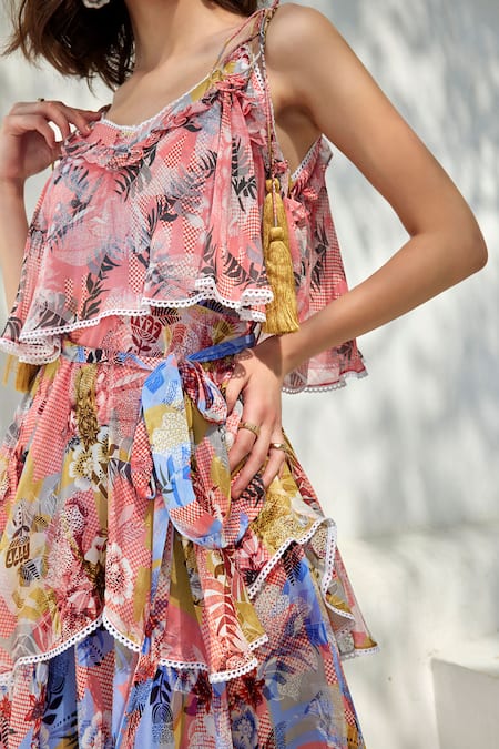Buy_Bhanuni By Jyoti_Pink Viscose V-neck Zoella Floral Print Midi Dress _Online_at_Aza_Fashions