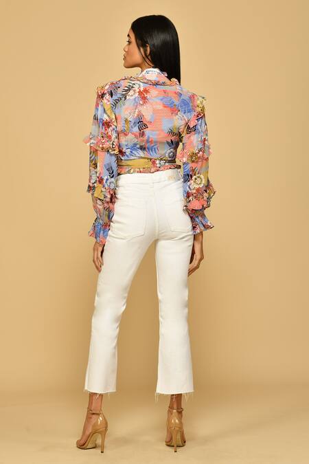 Bhanuni By Jyoti_Pink Viscose Lace, Embroidery Plunge Neck Taylor Floral Print Crop Top _at_Aza_Fashions