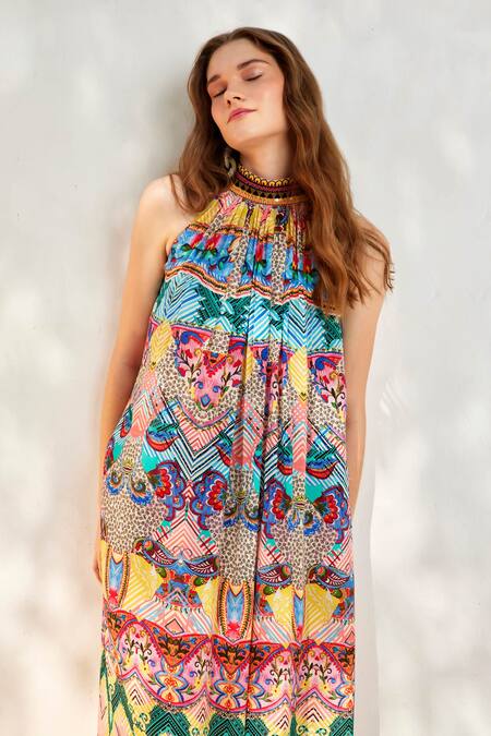 Bhanuni By Jyoti_Multi Color Viscose Beads, Sequins Halter Neck Chevron Print Maxi Dress _Online_at_Aza_Fashions