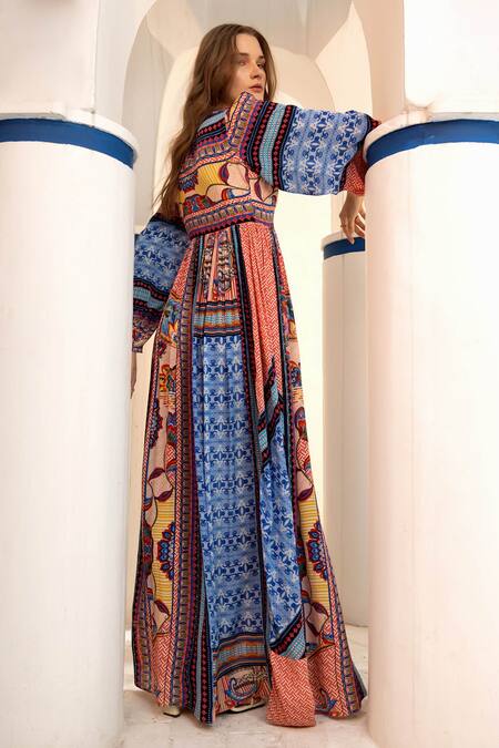 Bhanuni By Jyoti Blue Viscose Printed Floral Crew Neck Marcelina Maxi Dress  2