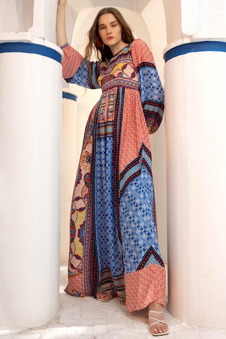 Bhanuni By Jyoti Blue Viscose Printed Floral Crew Neck Marcelina Maxi Dress  5