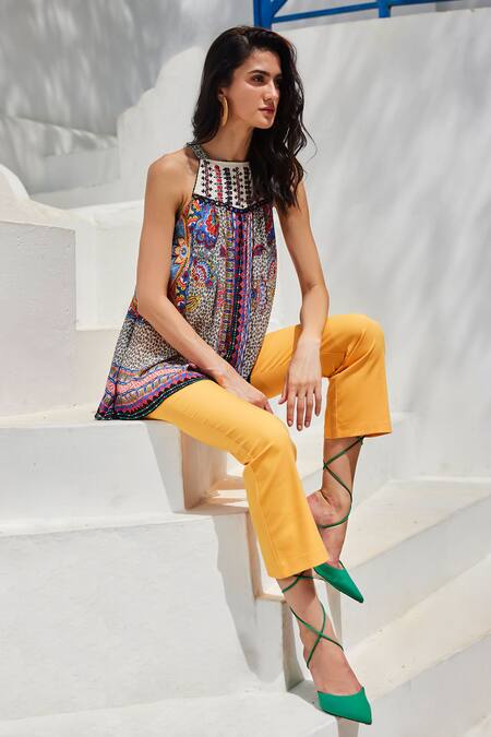 Buy_Bhanuni By Jyoti_Multi Color Viscose Beads, Embroidery Halter Neck Esme Abstract Print Top _Online_at_Aza_Fashions