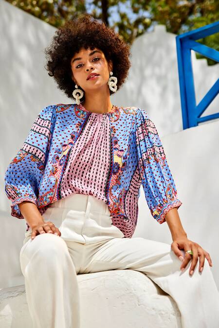 Buy_Bhanuni By Jyoti_Blue Viscose Beads Crew Neck Emilia Peasant Top _Online_at_Aza_Fashions