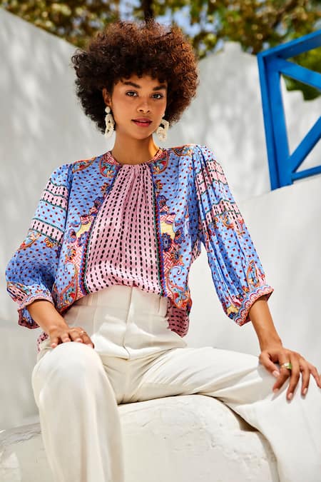 Shop_Bhanuni By Jyoti_Blue Viscose Beads Crew Neck Emilia Peasant Top _Online_at_Aza_Fashions