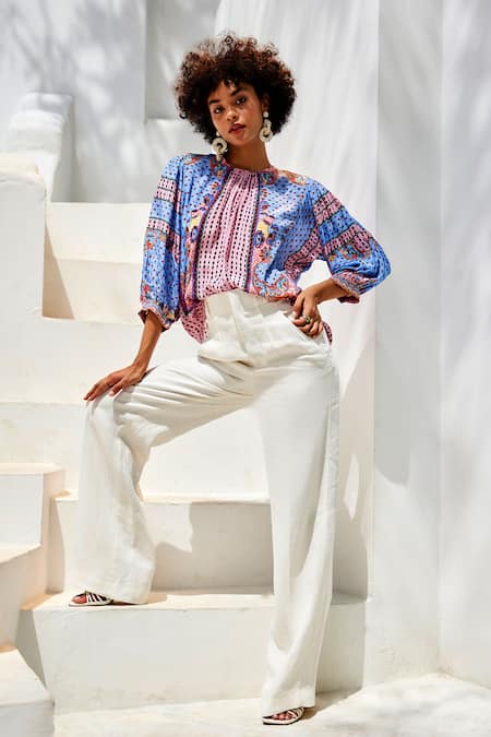 Bhanuni By Jyoti_Blue Viscose Beads Crew Neck Emilia Peasant Top _at_Aza_Fashions