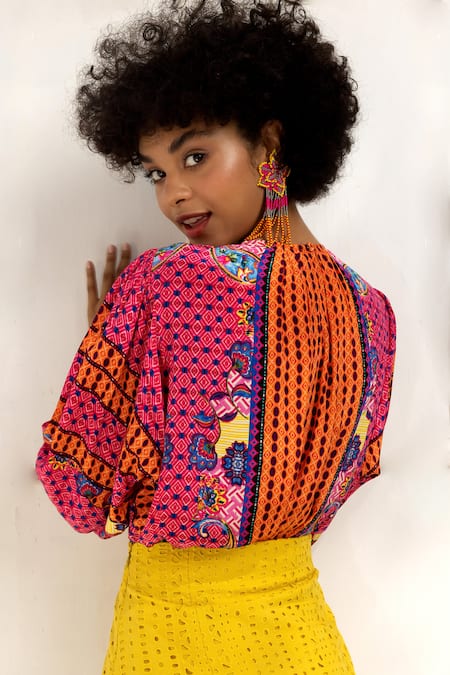 Buy_Bhanuni By Jyoti_Pink Viscose Beads Crew Neck Emilia Printed Peasant Top _Online_at_Aza_Fashions