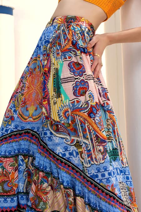 Bhanuni By Jyoti_Blue Viscose Allaire Printed Asymmetric Maxi Skirt _Online_at_Aza_Fashions