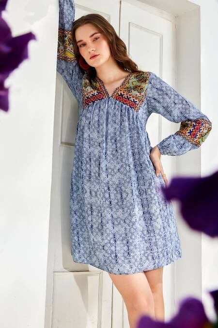 Shop_Bhanuni By Jyoti_Blue Viscose Embroidery V-neck Linne Tunic Dress _Online_at_Aza_Fashions