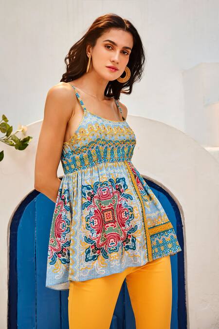 Bhanuni By Jyoti_Blue Viscose Beads Round Neck Tile Floral Top _Online_at_Aza_Fashions