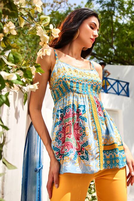 Shop_Bhanuni By Jyoti_Blue Viscose Beads Round Neck Tile Floral Top _Online_at_Aza_Fashions