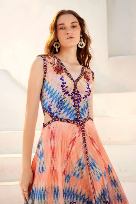 Buy_Bhanuni By Jyoti_Pink Viscose Embroidery V-neck Flamingo Primavera Cut Out Maxi Dress _Online_at_Aza_Fashions