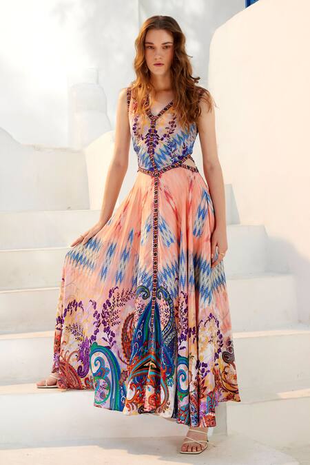 Bhanuni By Jyoti_Pink Viscose Embroidery V-neck Flamingo Primavera Cut Out Maxi Dress _at_Aza_Fashions