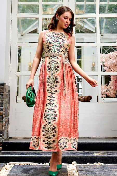 Bhanuni By Jyoti Coral Viscose, Rayon Embroidery, Beads Round Botanique Printed Pleated Dress Online at Aza Fashions Bhanuni By Jyoti_Coral Viscose, Rayon Embroidery, Beads Round Botanique Printed Pleated Dress _Online_at_Aza_Fashions