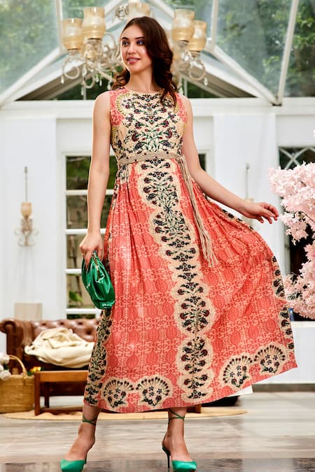 Buy Bhanuni By Jyoti Coral Viscose, Rayon Embroidery, Beads Round Botanique Printed Pleated Dress Online at Aza Fashions Buy_Bhanuni By Jyoti_Coral Viscose, Rayon Embroidery, Beads Round Botanique Printed Pleated Dress _Online_at_Aza_Fashions